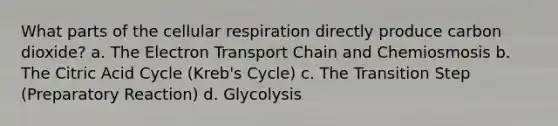 What parts of the <a href='https://www.questionai.com/knowledge/k1IqNYBAJw-cellular-respiration' class='anchor-knowledge'>cellular respiration</a> directly produce carbon dioxide? a. <a href='https://www.questionai.com/knowledge/k57oGBr0HP-the-electron-transport-chain' class='anchor-knowledge'>the electron transport chain</a> and Chemiosmosis b. The Citric Acid Cycle (Kreb's Cycle) c. The Transition Step (Preparatory Reaction) d. Glycolysis