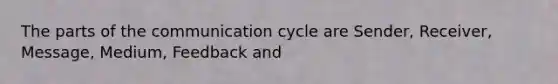 The parts of the communication cycle are Sender, Receiver, Message, Medium, Feedback and