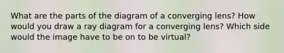 What are the parts of the diagram of a converging lens? How would you draw a ray diagram for a converging lens? Which side would the image have to be on to be virtual?