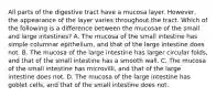 All parts of the digestive tract have a mucosa layer. However, the appearance of the layer varies throughout the tract. Which of the following is a difference between the mucosae of the small and large intestines? A. The mucosa of the small intestine has simple columnar epithelium, and that of the large intestine does not. B. The mucosa of the large intestine has larger circular folds, and that of the small intestine has a smooth wall. C. The mucosa of the small intestine has microvilli, and that of the large intestine does not. D. The mucosa of the large intestine has goblet cells, and that of the small intestine does not.