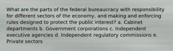 What are the parts of the federal bureaucracy with responsibility for different sectors of the economy, and making and enforcing rules designed to protect the public interest? a. Cabinet departments b. Government corporations c. Independent executive agencies d. Independent regulatory commissions e. Private sectors