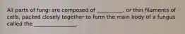 All parts of fungi are composed of __________, or thin filaments of cells, packed closely together to form the main body of a fungus called the ________________.