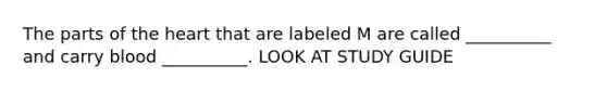 The parts of the heart that are labeled M are called __________ and carry blood __________. LOOK AT STUDY GUIDE