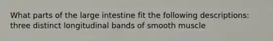 What parts of the <a href='https://www.questionai.com/knowledge/kGQjby07OK-large-intestine' class='anchor-knowledge'>large intestine</a> fit the following descriptions: three distinct longitudinal bands of smooth muscle