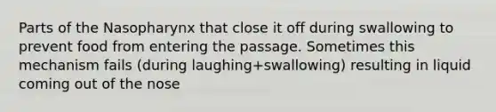 Parts of the Nasopharynx that close it off during swallowing to prevent food from entering the passage. Sometimes this mechanism fails (during laughing+swallowing) resulting in liquid coming out of the nose