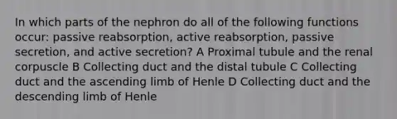 In which parts of the nephron do all of the following functions occur: passive reabsorption, active reabsorption, passive secretion, and active secretion? A Proximal tubule and the renal corpuscle B Collecting duct and the distal tubule C Collecting duct and the ascending limb of Henle D Collecting duct and the descending limb of Henle