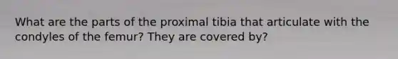 What are the parts of the proximal tibia that articulate with the condyles of the femur? They are covered by?