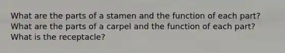 What are the parts of a stamen and the function of each part? What are the parts of a carpel and the function of each part? What is the receptacle?