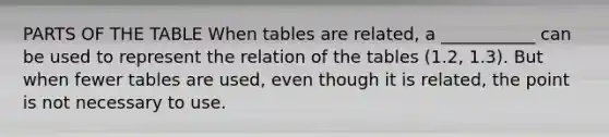 PARTS OF THE TABLE When tables are related, a ___________ can be used to represent the relation of the tables (1.2, 1.3). But when fewer tables are used, even though it is related, the point is not necessary to use.