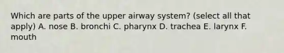 Which are parts of the upper airway system? (select all that apply) A. nose B. bronchi C. pharynx D. trachea E. larynx F. mouth