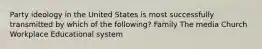 Party ideology in the United States is most successfully transmitted by which of the following? Family The media Church Workplace Educational system