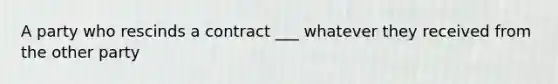 A party who rescinds a contract ___ whatever they received from the other party