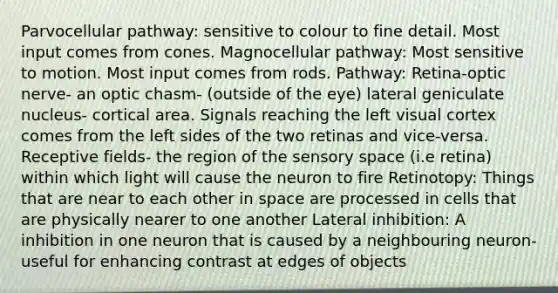 Parvocellular pathway: sensitive to colour to fine detail. Most input comes from cones. Magnocellular pathway: Most sensitive to motion. Most input comes from rods. Pathway: Retina-optic nerve- an optic chasm- (outside of the eye) lateral geniculate nucleus- cortical area. Signals reaching the left visual cortex comes from the left sides of the two retinas and vice-versa. Receptive fields- the region of the sensory space (i.e retina) within which light will cause the neuron to fire Retinotopy: Things that are near to each other in space are processed in cells that are physically nearer to one another Lateral inhibition: A inhibition in one neuron that is caused by a neighbouring neuron- useful for enhancing contrast at edges of objects