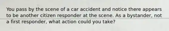 You pass by the scene of a car accident and notice there appears to be another citizen responder at the scene. As a bystander, not a first responder, what action could you take?