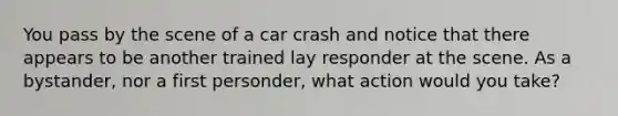 You pass by the scene of a car crash and notice that there appears to be another trained lay responder at the scene. As a bystander, nor a first personder, what action would you take?