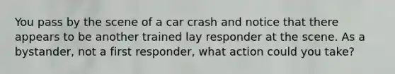 You pass by the scene of a car crash and notice that there appears to be another trained lay responder at the scene. As a bystander, not a first responder, what action could you take?