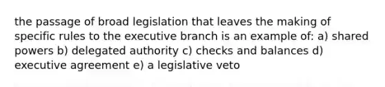 the passage of broad legislation that leaves the making of specific rules to the executive branch is an example of: a) shared powers b) delegated authority c) checks and balances d) executive agreement e) a legislative veto