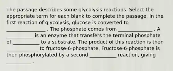 The passage describes some glycolysis reactions. Select the appropriate term for each blank to complete the passage. In the first reaction of glycolysis, glucose is converted to ________________ . The phosphate comes from ______________ . A ___________ is an enzyme that transfers the terminal phosphate of ___________ to a substrate. The product of this reaction is then _____________ to fructose‑6‑phosphate. Fructose‑6‑phosphate is then phosphorylated by a second ___________ reaction, giving __________ .