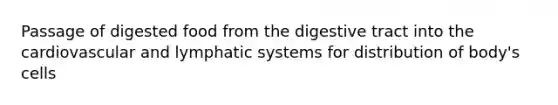 Passage of digested food from the digestive tract into the cardiovascular and lymphatic systems for distribution of body's cells