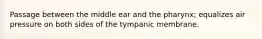 Passage between the middle ear and the pharynx; equalizes air pressure on both sides of the tympanic membrane.