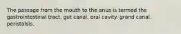 The passage from the mouth to the anus is termed the gastrointestinal tract. gut canal. oral cavity. grand canal. peristalsis.