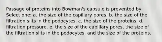 Passage of proteins into Bowman's capsule is prevented by Select one: a. the size of the capillary pores. b. the size of the filtration slits in the podocytes. c. the size of the proteins. d. filtration pressure. e. the size of the capillary pores, the size of the filtration slits in the podocytes, and the size of the proteins.