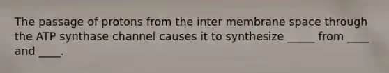 The passage of protons from the inter membrane space through the ATP synthase channel causes it to synthesize _____ from ____ and ____.