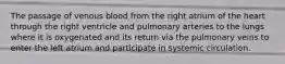 The passage of venous blood from the right atrium of the heart through the right ventricle and pulmonary arteries to the lungs where it is oxygenated and its return via the pulmonary veins to enter the left atrium and participate in systemic circulation.