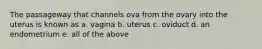 The passageway that channels ova from the ovary into the uterus is known as a. vagina b. uterus c. oviduct d. an endometrium e. all of the above