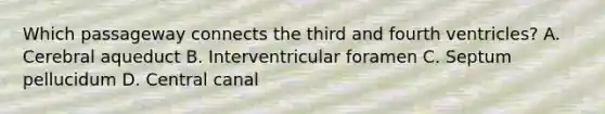 Which passageway connects the third and fourth ventricles? A. Cerebral aqueduct B. Interventricular foramen C. Septum pellucidum D. Central canal