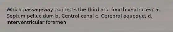 Which passageway connects the third and fourth ventricles? a. Septum pellucidum b. Central canal c. Cerebral aqueduct d. Interventricular foramen