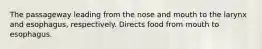 The passageway leading from the nose and mouth to the larynx and esophagus, respectively. Directs food from mouth to esophagus.