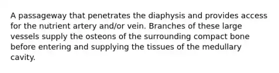 A passageway that penetrates the diaphysis and provides access for the nutrient artery and/or vein. Branches of these large vessels supply the osteons of the surrounding compact bone before entering and supplying the tissues of the medullary cavity.