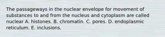 The passageways in the nuclear envelope for movement of substances to and from the nucleus and cytoplasm are called nuclear A. histones. B. chromatin. C. pores. D. endoplasmic reticulum. E. inclusions.