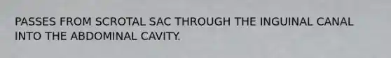 PASSES FROM SCROTAL SAC THROUGH THE INGUINAL CANAL INTO THE ABDOMINAL CAVITY.