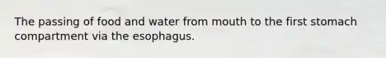 The passing of food and water from mouth to the first stomach compartment via the esophagus.