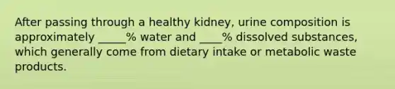 After passing through a healthy kidney, urine composition is approximately _____% water and ____% dissolved substances, which generally come from dietary intake or metabolic waste products.