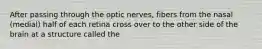 After passing through the optic nerves, fibers from the nasal (medial) half of each retina cross over to the other side of the brain at a structure called the