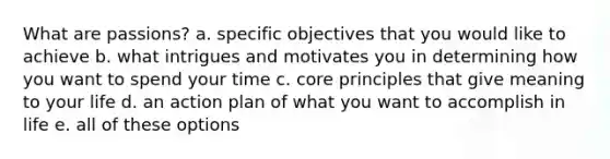 What are passions? a. specific objectives that you would like to achieve b. what intrigues and motivates you in determining how you want to spend your time c. core principles that give meaning to your life d. an action plan of what you want to accomplish in life e. all of these options