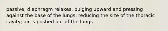 passive; diaphragm relaxes, bulging upward and pressing against the base of the lungs, reducing the size of the thoracic cavity; air is pushed out of the lungs