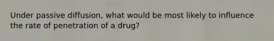 Under passive diffusion, what would be most likely to influence the rate of penetration of a drug?