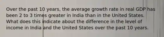 Over the past 10 years, the average growth rate in real GDP has been 2 to 3 times greater in India than in the United States. What does this indicate about the difference in the level of income in India and the United States over the past 10 years.