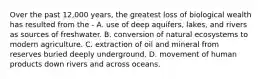 Over the past 12,000 years, the greatest loss of biological wealth has resulted from the - A. use of deep aquifers, lakes, and rivers as sources of freshwater. B. conversion of natural ecosystems to modern agriculture. C. extraction of oil and mineral from reserves buried deeply underground. D. movement of human products down rivers and across oceans.