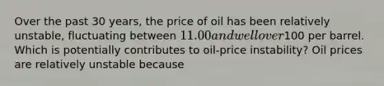 Over the past 30​ years, the price of oil has been relatively​ unstable, fluctuating between​ 11.00 and well over​100 per barrel. Which is potentially contributes to​ oil-price instability? Oil prices are relatively unstable because