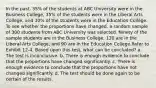 In the past, 35% of the students at ABC University were in the Business College, 35% of the students were in the Liberal Arts College, and 30% of the students were in the Education College. To see whether the proportions have changed, a random sample of 300 students from ABC University was selected. Ninety of the sample students are in the Business College, 120 are in the Liberal Arts College, and 90 are in the Education College.Refer to Exhibit 12-4. Based upon this test, what can be concluded? a. The test is inconclusive. b. There is enough evidence to conclude that the proportions have changed significantly. c. There is enough evidence to conclude that the proportions have not changed significantly. d. The test should be done again to be certain of the results.