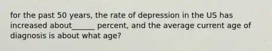 for the past 50 years, the rate of depression in the US has increased about______ percent, and the average current age of diagnosis is about what age?