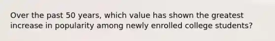 Over the past 50 years, which value has shown the greatest increase in popularity among newly enrolled college students?