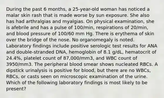 During the past 6 months, a 25-year-old woman has noticed a malar skin rash that is made worse by sun exposure. She also has had arthralgias and myalgias. On physical examination, she is afebrile and has a pulse of 100/min, respirations of 20/min, and blood pressure of 100/60 mm Hg. There is erythema of skin over the bridge of the nose. No organomegaly is noted. Laboratory findings include positive serologic test results for ANA and double-stranded DNA, hemoglobin of 8.1 g/dL, hematocrit of 24.4%, platelet count of 87,000/mm3, and WBC count of 3950/mm3. The peripheral blood smear shows nucleated RBCs. A dipstick urinalysis is positive for blood, but there are no WBCs, RBCs, or casts seen on microscopic examination of the urine. Which of the following laboratory findings is most likely to be present?