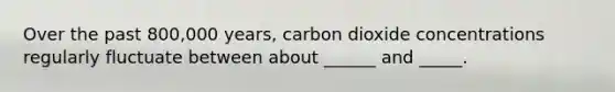 Over the past 800,000 years, carbon dioxide concentrations regularly fluctuate between about ______ and _____.