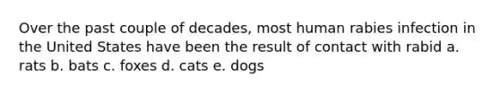 Over the past couple of decades, most human rabies infection in the United States have been the result of contact with rabid a. rats b. bats c. foxes d. cats e. dogs